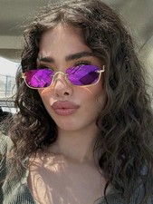Vintage Rimless Rectangle Sunglasses Gold Frame Purple Mirrored Lens