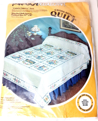 Vintage Flowers Houses People Cross Stitch Quilt Top King Size SEALED In Package