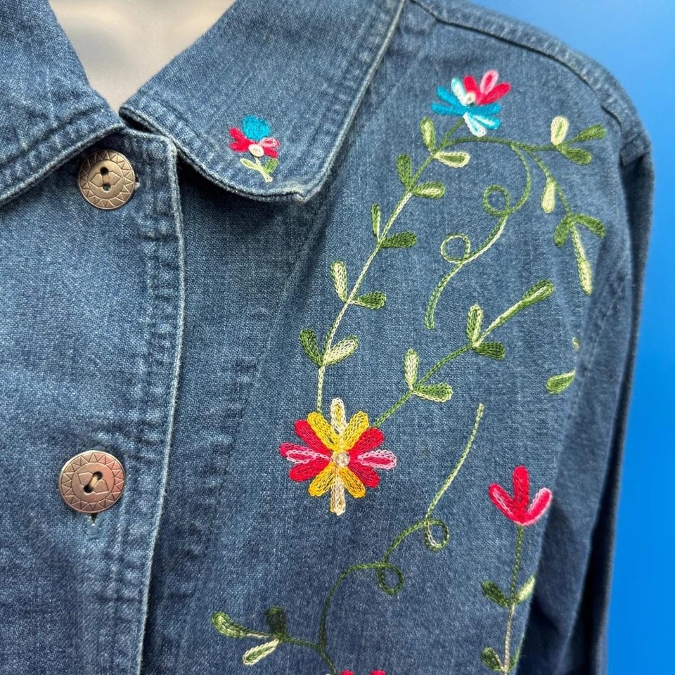 Bobbie Brooks 牛仔夹克刺绣花朵长袖纽扣女式 L — 第 3/4 张图片