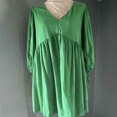 EVERY M Green Linen Blend Mini Dress Balloon Sleeve Tie Back V-Neck Short