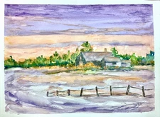 Serene Winter Landscape with Sunset, Snow, Original Watercolor, Impressionist