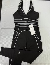 ALO Women's Black White Colorblock Stretch Bra Leggings Set Athleisure