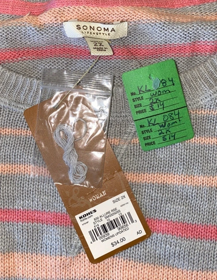 Suéter Sonoma Lifestyle para mujer 2X a rayas mangas 3/4 100 % algodón rosa pastel y Foto 3 de 4