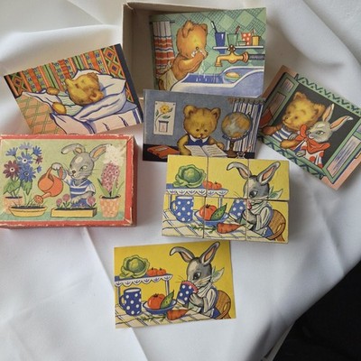 Vintage Holzblock Würfel Bild Puzzle Spielzeug UdSSR Sowjetisch Mid Century Bär Hase