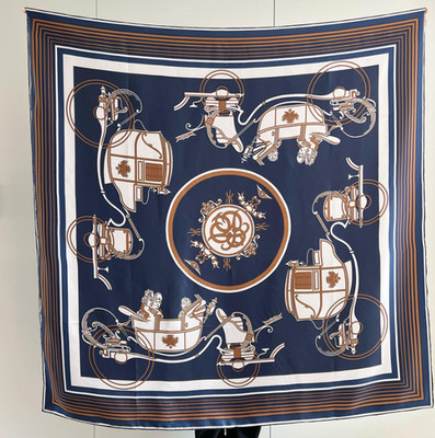 100% Silk Mulberry 53'' Small Scarf Women Neckerchief Wrap Blue carriage Print