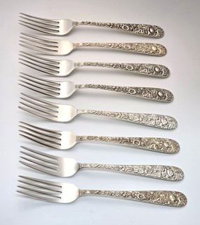 (8) S. Kirk & Son REPOUSSE Sterling Silver 7 1/4" Forks NO MONO 414g