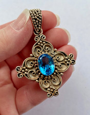 Signed BA 925 Indonesia Filigree Scroll Large Statement Pendant Blue Stone
