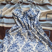 SHEIN XS Blue White Floral Chiffon Fit & Flare Corset Midi Sundress