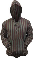 Kapuzenhemd Herren Gestreift Baumwolle Grün Mix M Hippie Boho Festival Hemd