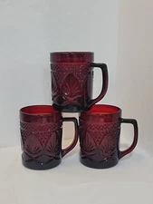 Set of 3 Cristal D'arques Durand Luminarc Ruby Red Glass Mugs Cups No Chips