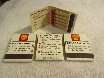 Vntg Shell Oil Dealership Earnings St Louis MO 4 Matchbooks Columbia Match NOS