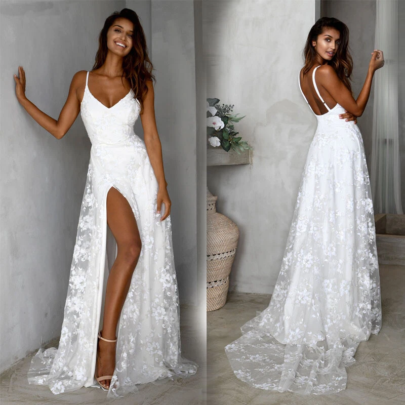 Ladies Sexy White Lace Maxi Dress Floral V Neck Long Dresses Slim Fit Ball Gown