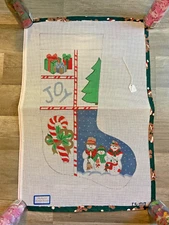 Handpainted Needlepoint Christmas Stocking Canvas JOY Snowman Family
