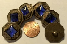 6 Octagonal Antiqued Brass Tone Metal Shank Buttons 13/16" 20.5mm Blue Cab 9601