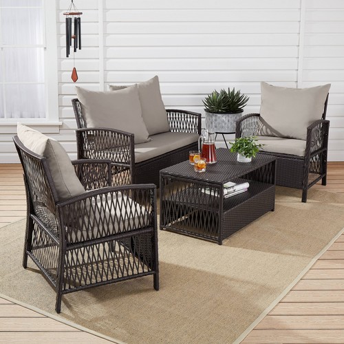 Sanza 4-Piece Outdoor Rattan Wicker Conversation Set, Mocha/Beige