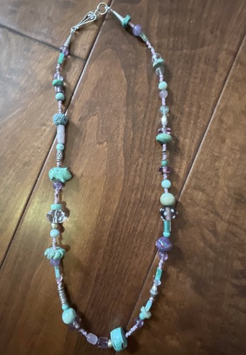 Vintage Necklace Turquoise Amethyst Silver Glass Millefiori Bohemian Strand 27" - Picture 2 of 7