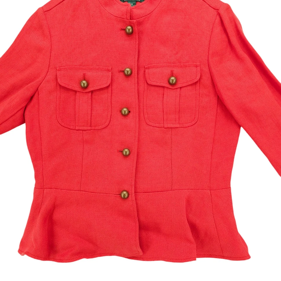 Jaqueta LRL RALPH LAUREN Coral Laranja Vermelha 100% Linho Estilo Militar Peplum Tamanho 8 - Imagem 2 de 4