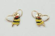 Solid 14k Yellow Gold Enamel Bee Screw Back Earrings