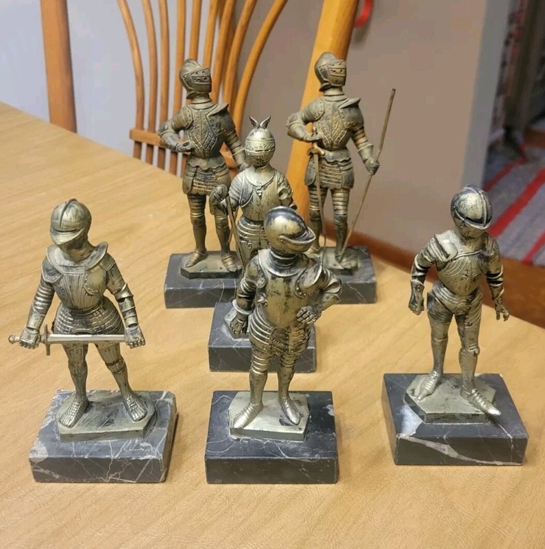 6 PC Depose Italy Knights Shining Armor Statues Sculptures W/Marble Base Used
