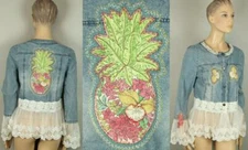 UpCycled Art To Wear Mended Embellished Lace Applique Denim Jacket Blazer S/M