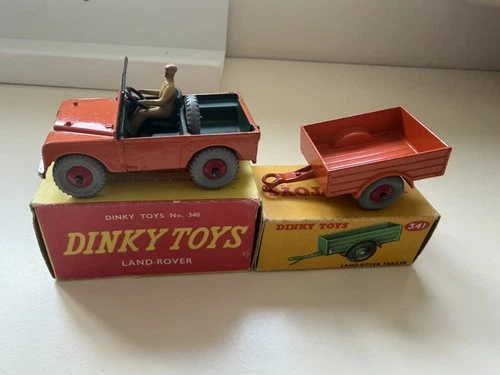 Vintage Dinky Toys 340 Land-Rover Orange With 341 Land Rover trailer