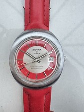Vintage Sicura 17 Jewels UFO Bullseye Red Dial 1970s Swiss Manual Watch