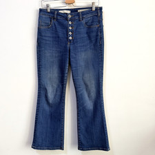 Pilcro  Letterpress Anthropologie High Rise Flare Jeans 30 Crop Button Fly Blue