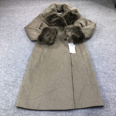 Via Spiga Wool Coat Womens Medium Brown Faux Fur Collar Cuffs Belted Lined Long