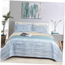 Quilt Set King Size 3 pcs, Grey and Teal Blue Striped Abstract Pattern