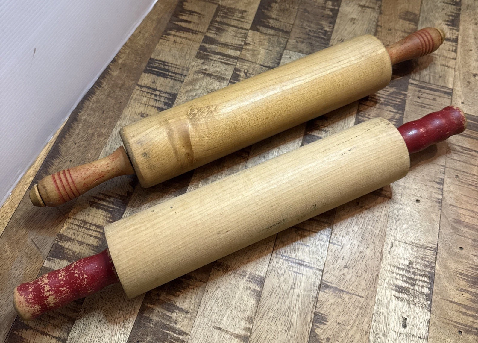 Vintage Wood Rolling Pins Red and Turned Moving Handles Farmhouse Kitchenware