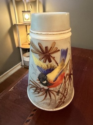 Antique Smith Bros Mt Washington Opal Glass Vase Hand Painted Bird c 1885 Signed