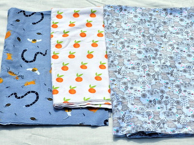 3 pieces Flannel Fabric JoAnn Hippo Oranges Snails Super Snuggle Pop 42'' wide