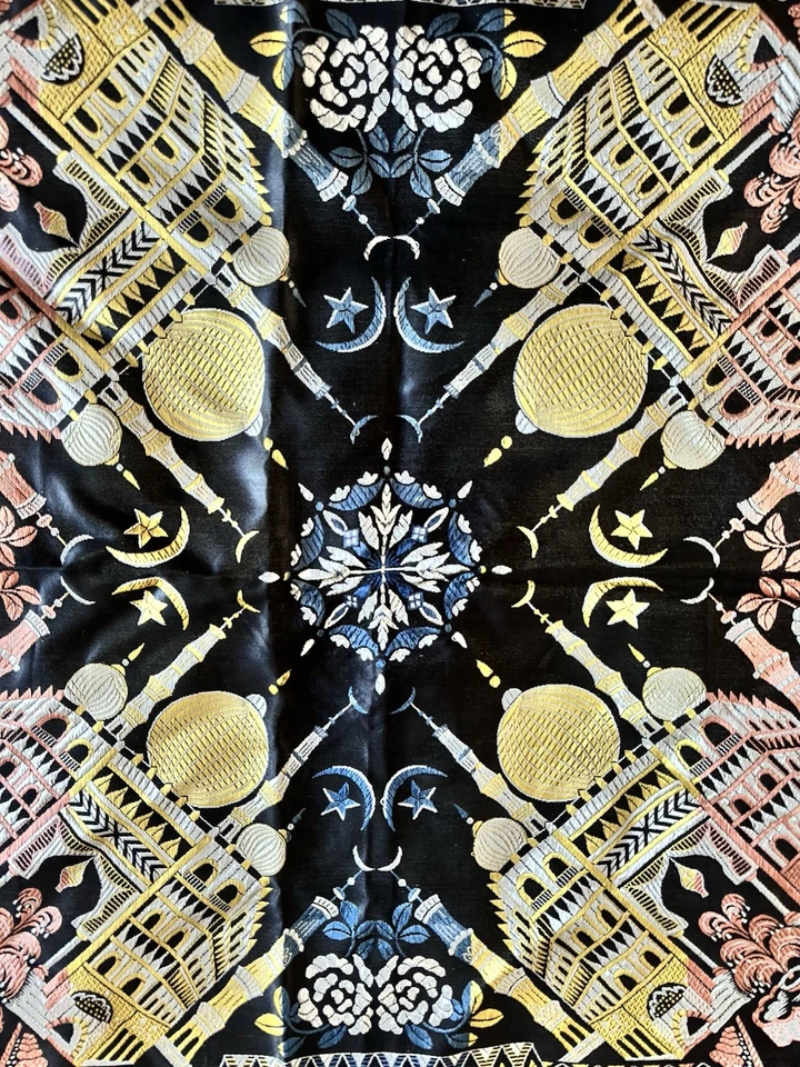 Mantón de piano tejido brocado satinado seda Taj Mahal vintage de la Segunda Guerra Mundial bufanda flecos melocotón Foto 4 de 4