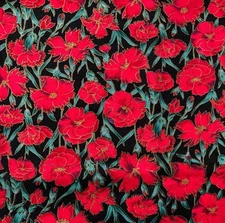 2 yards fabric red flowers outlined in gold on black background