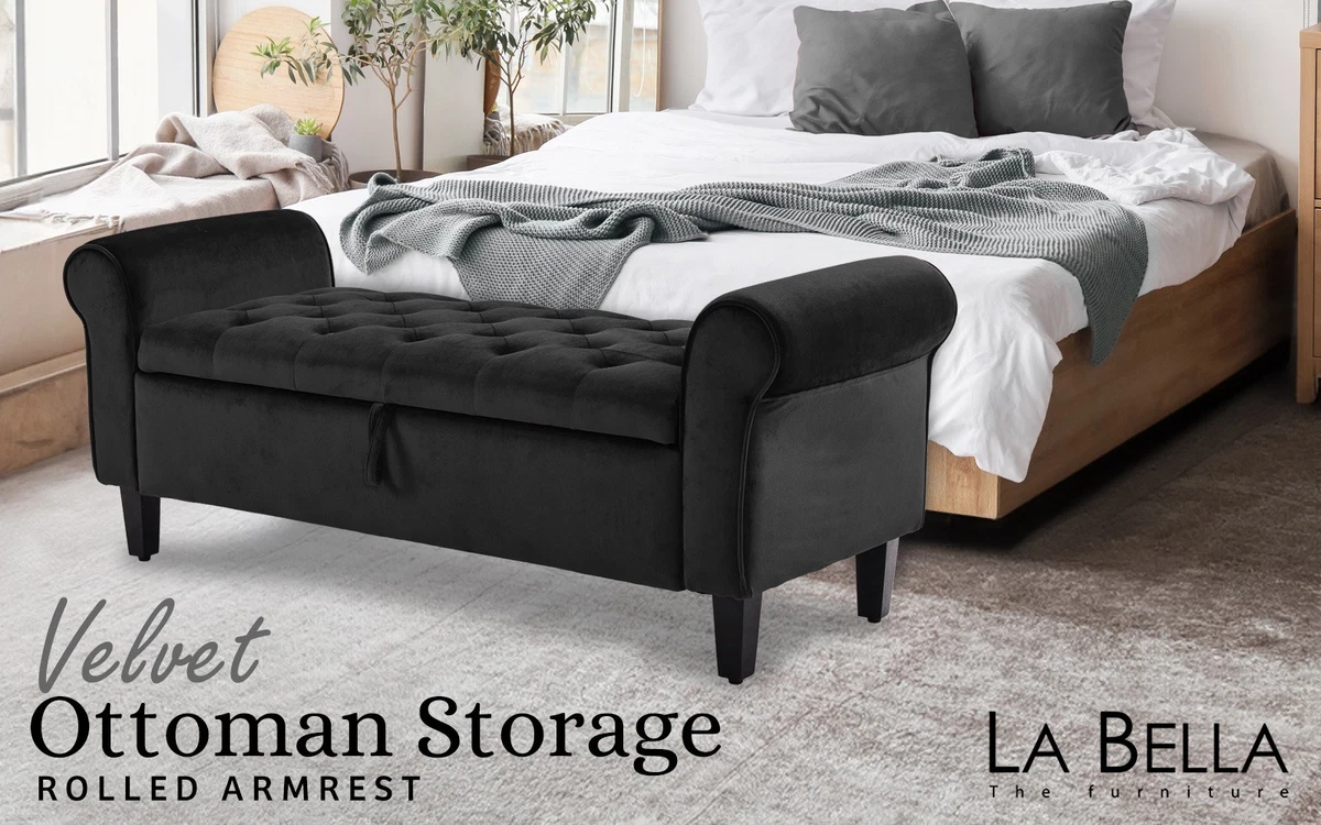 Storage Ottoman Bench Seat Blanket Chest Arm Couch Bed Foot Stool Velvet Large