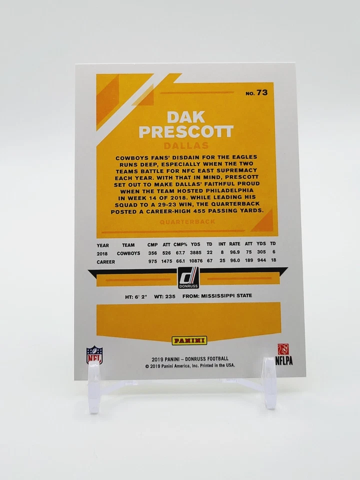 Dak Prescott PRESS PROOF YELLOW 2019 Panini Donruss #73 Dallas Cowboys (SP) - Image 2 of 2