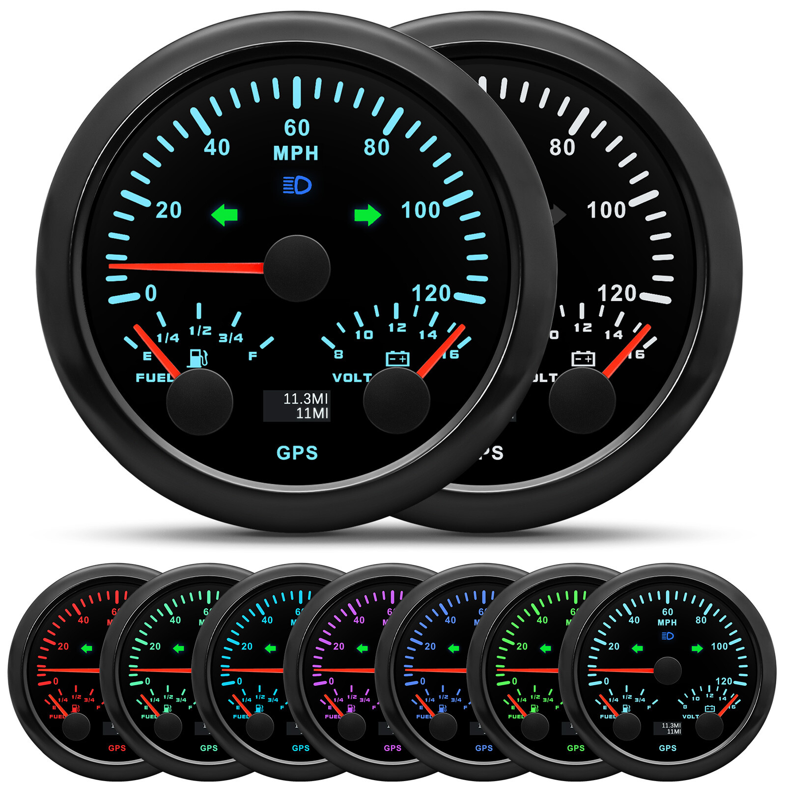 85MM 3-in-1 GPS Speedometer with 120MPH, Fuel Gauge & Voltage Meter in 7 LED Colors