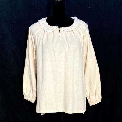 Lepsim Lowrys Farm Tunic MED Natural Beige Boho Keyhole Neck 3/4 Sl Hi Low Hem