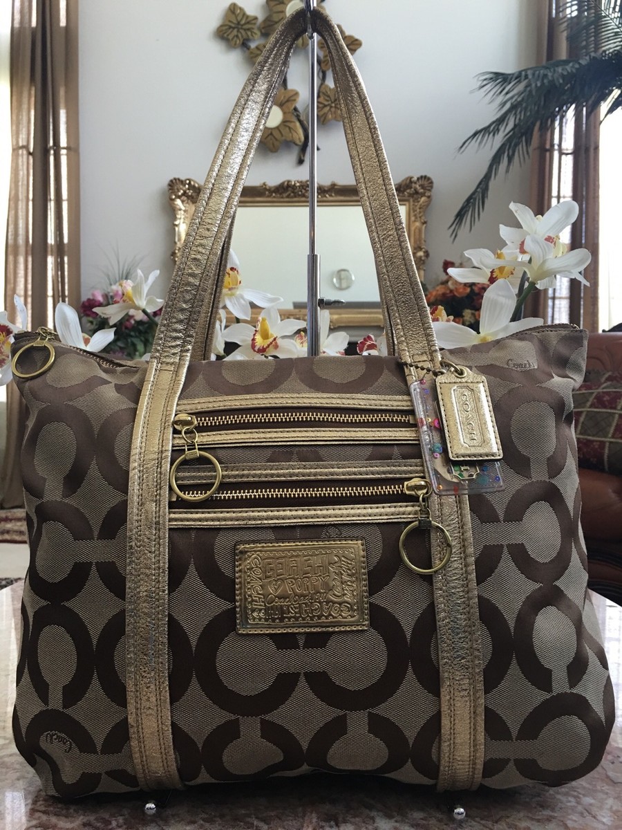 Coach Signature Poppy 3D Op Art Glam Beige Brown Tote Purse