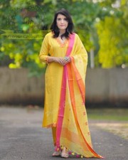 Women Cotton Kurti Pant with Dupatta Set Indian Wedding Wear Salwar Kameez Kurta