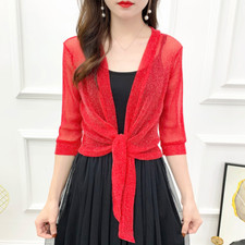 Damen Netz Gekürzt Strickjacke Top Bolero Schulterjacke Bluse Schier Offen Vorne