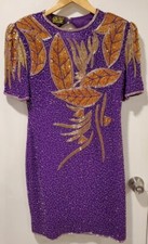 Eves Allure Large L Purple Gold Sequin Beaded Vintage Dress Silk 80s