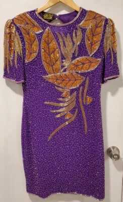 Eves Allure Large L Purple Gold Sequin Beaded Vintage Dress Silk 80s