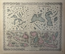 1870 Colton's Lakes & Islands of The World Original Hand Coloured Antique Chart