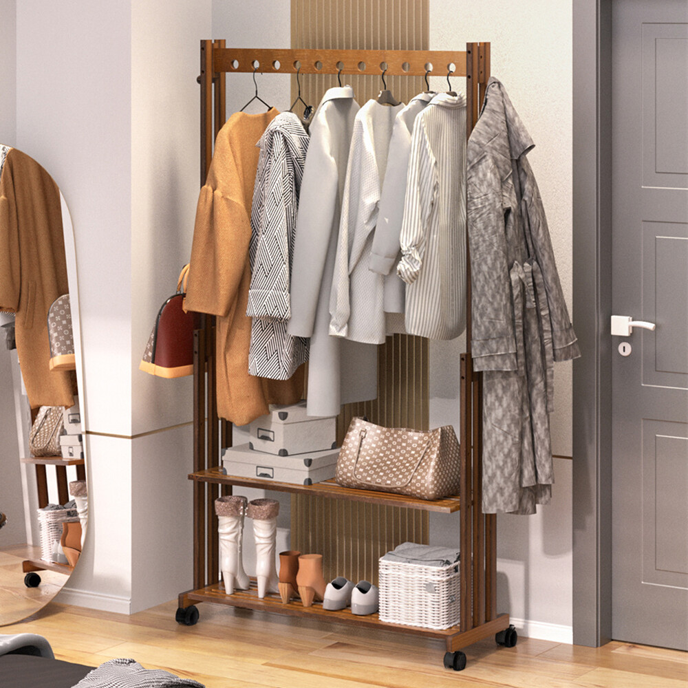 Heavy Duty Vintage Wood Clothes Rail Rolling Hanging Garment Rack