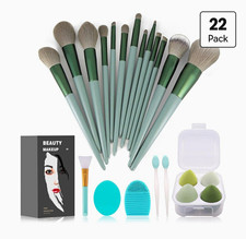 22 Pack Green/Silver Makeup Brush Set w/ Sponges  Silicone Cleansing Pad