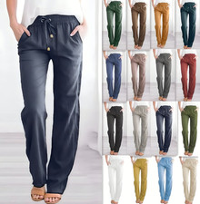 Women Cotton Linen Drawstring Pants Elastic Waist Loose Straight Leg Trousers