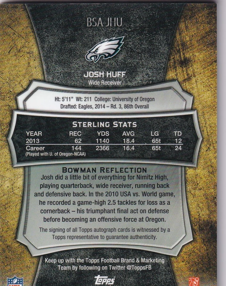 2014 Bowman Sterling Autographs Black Refractors #BSAJHU Josh Huff RC 13/50 - Image 2 of 2