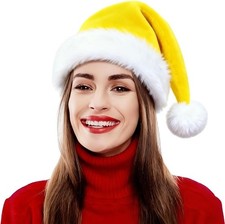 Santa Hat for Women, Adults Unisex Velvet Comfort Xmas Extra Plush Yellow