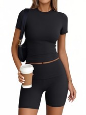 Trendy Queen 2 Piece Summer Cute Workout Sets Gym Short Set Pilates Yoga Outf...